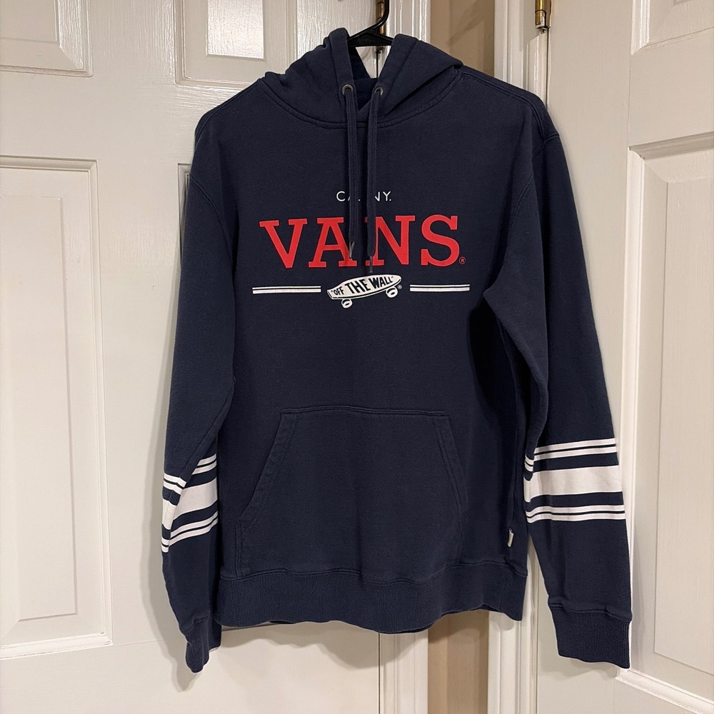 Vans Mens Regular Fit Pullover Hoodie Navy Blue Small Graphic Striped Sleeve